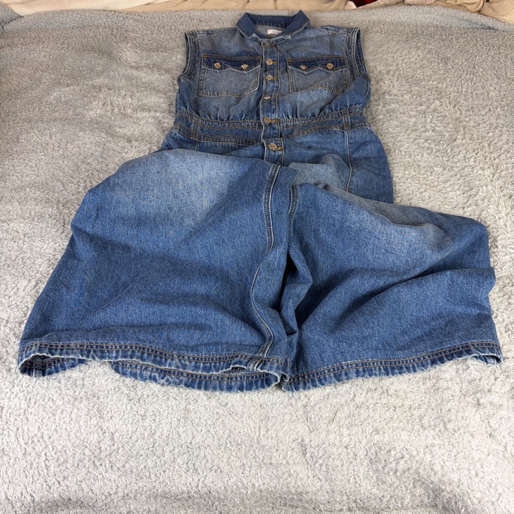Bluivy Sleeveless Denim Maxi Dress Medium Wash Button Front Elastic Waist Size M
